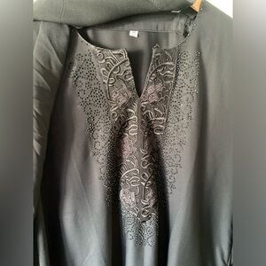 Black Abaya Thobe Embellished Modest Prayer Dress with Head Scarf - size L